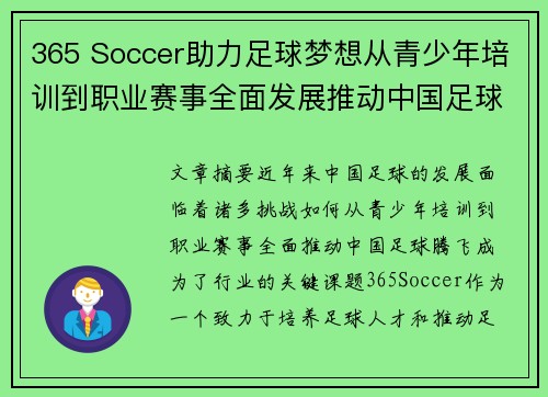 365 Soccer助力足球梦想从青少年培训到职业赛事全面发展推动中国足球腾飞