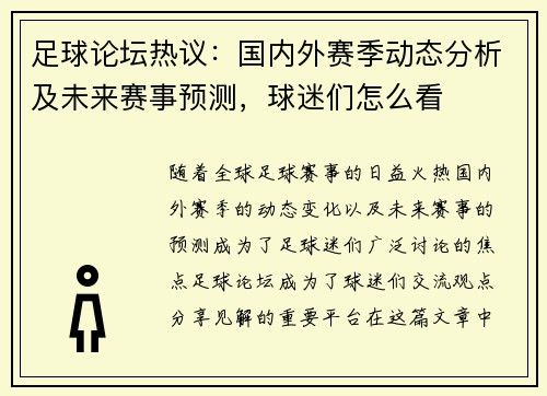 足球论坛热议：国内外赛季动态分析及未来赛事预测，球迷们怎么看